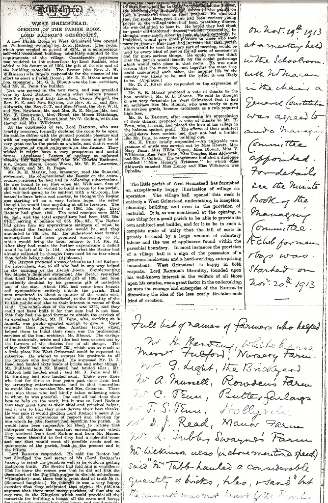 Newspaper write up of village hall opening